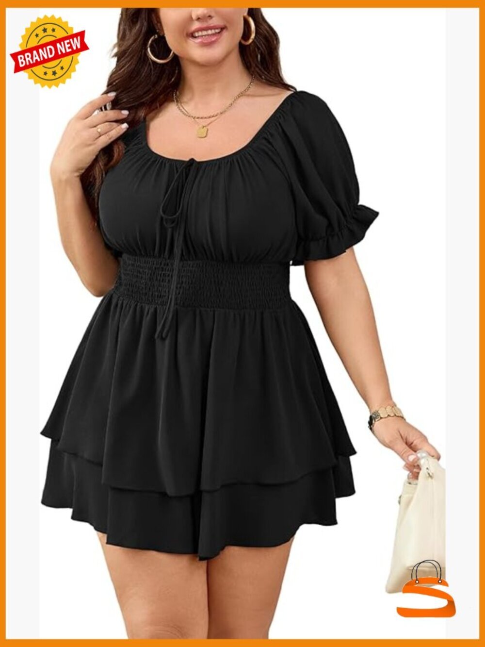 Plus Size Romper Dress Summer Short Jumpsuit Square Neck Puff Sleeve High Waist